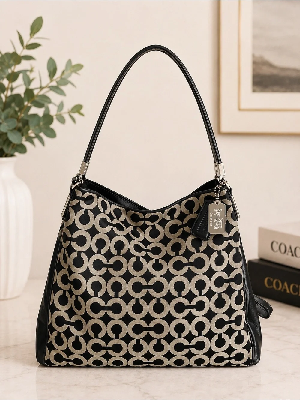 Coach Madison Signature Black Canvas Leather Shoulder Hobo Bag Large Purse